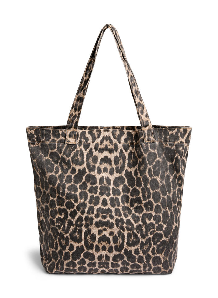 Shoppingbag i denim med leopardmønster, Brun, Packshot image number 1