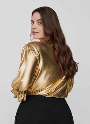 Shiny bluse med 3/4 pufærmer, Gold, Model image number 1