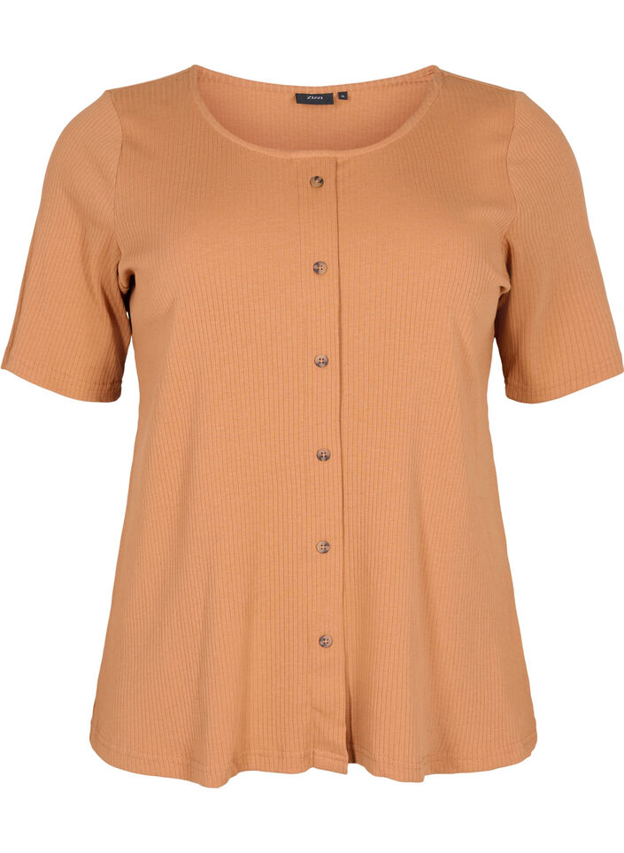Kortærmet rib t-shirt med knapper, Pecan Brown, Packshot image number 0