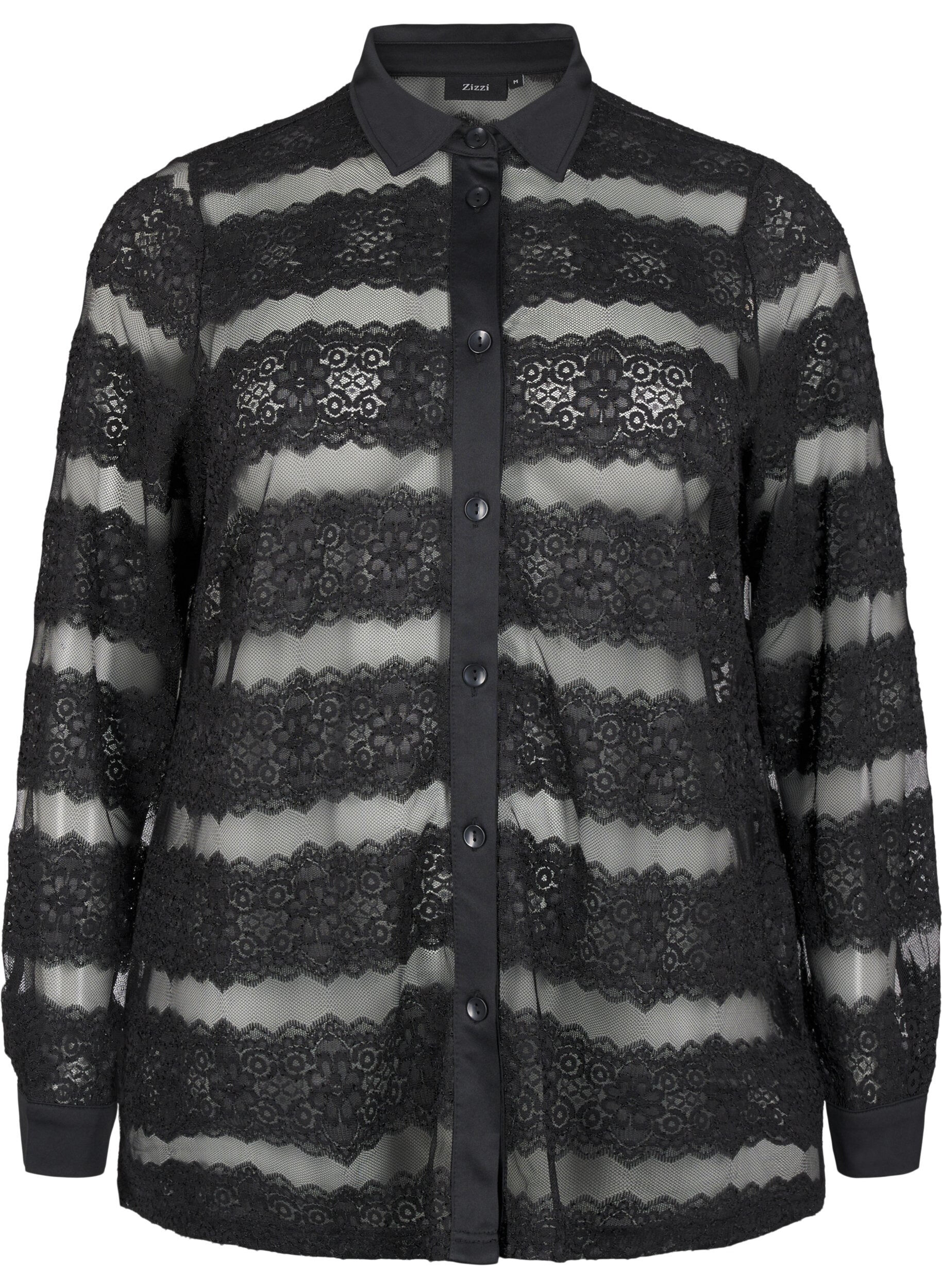 Zizzi L&oslash;s skjorte med blonder og gennemsigtigt mesh, Black, Packshot image number 0