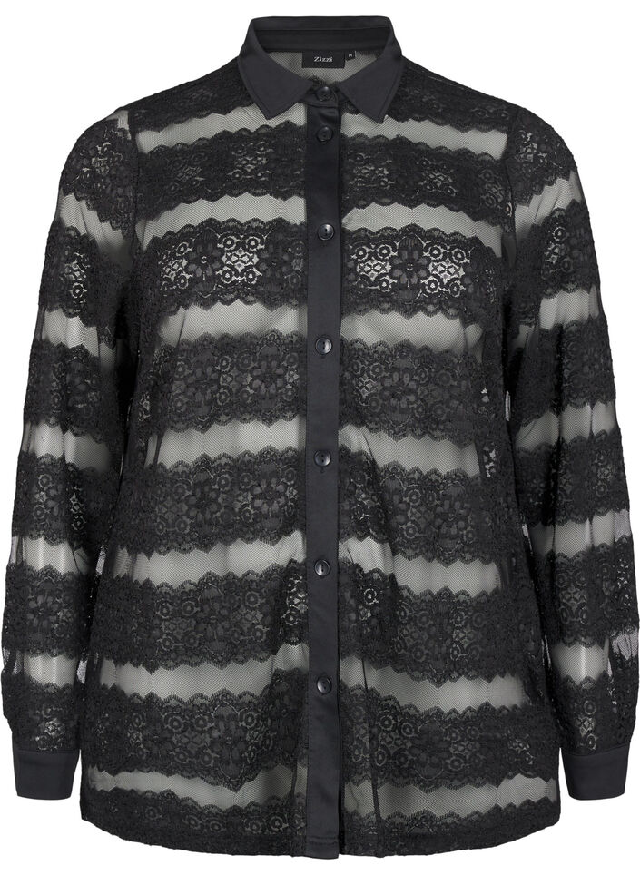 Løs skjorte med blonder og gennemsigtigt mesh, Black, Packshot image number 0