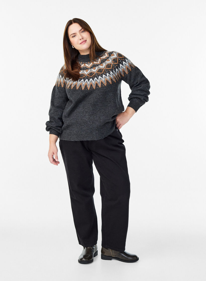 Strikbluse med mønster og høj hals, Grå, Model image number 1