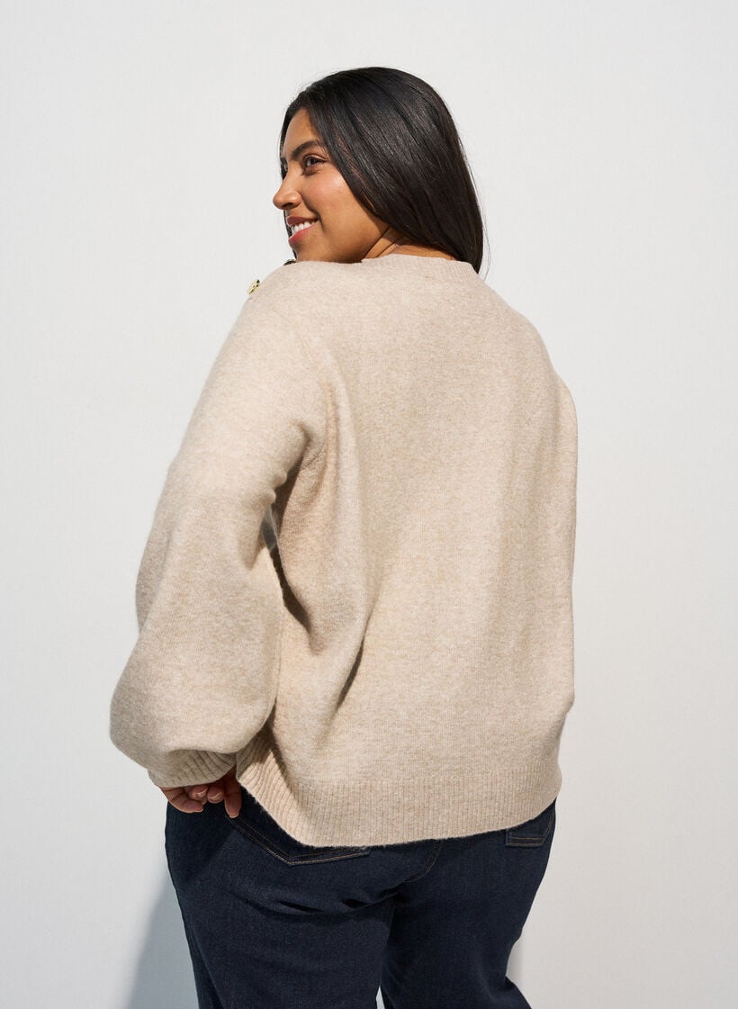 Strikbluse med knapdetalje, Beige, Model image number 2