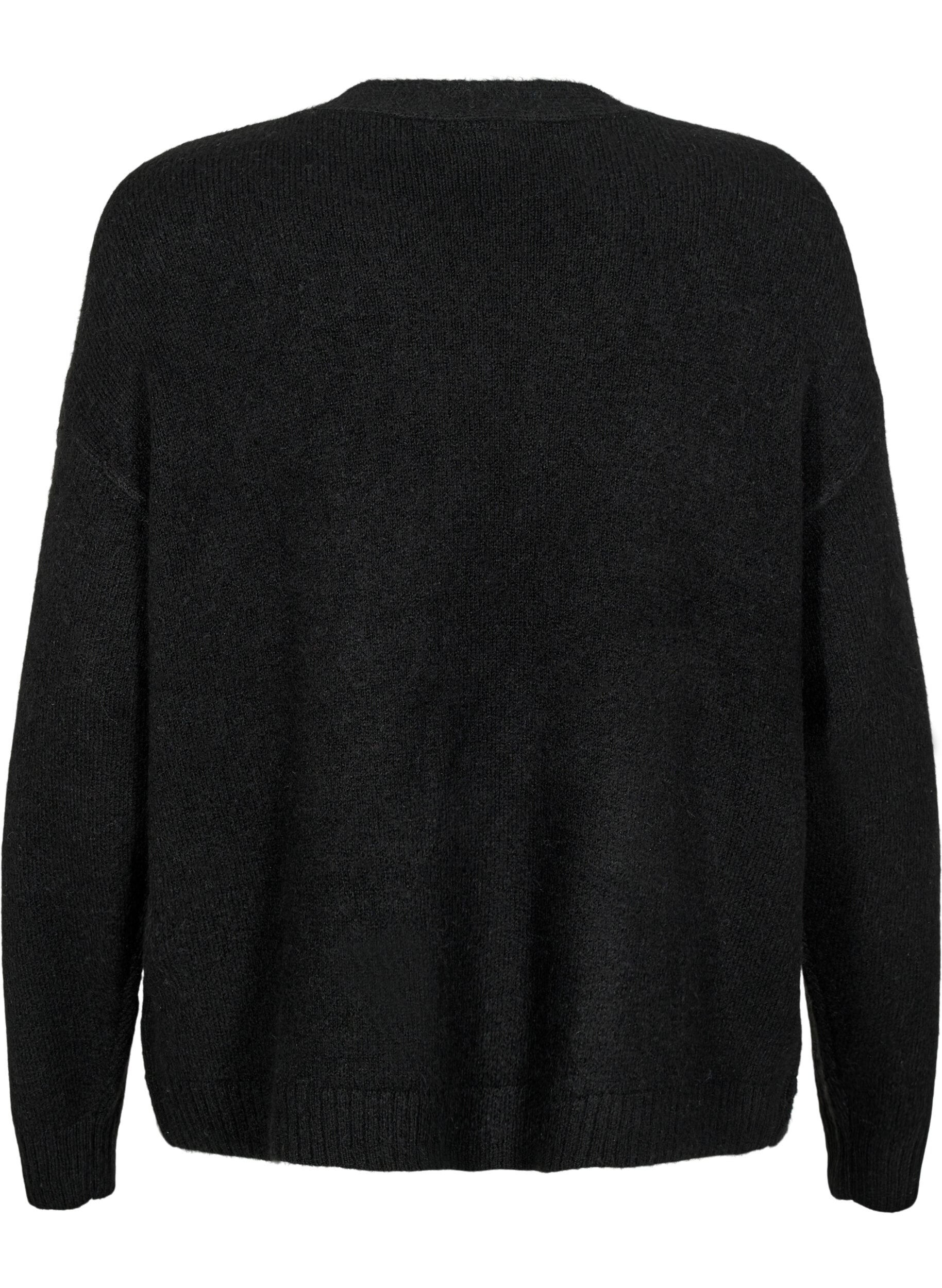 Zizzi Kort strikcardigan med sl&oslash;jfer, Black Comb, Packshot image number 1