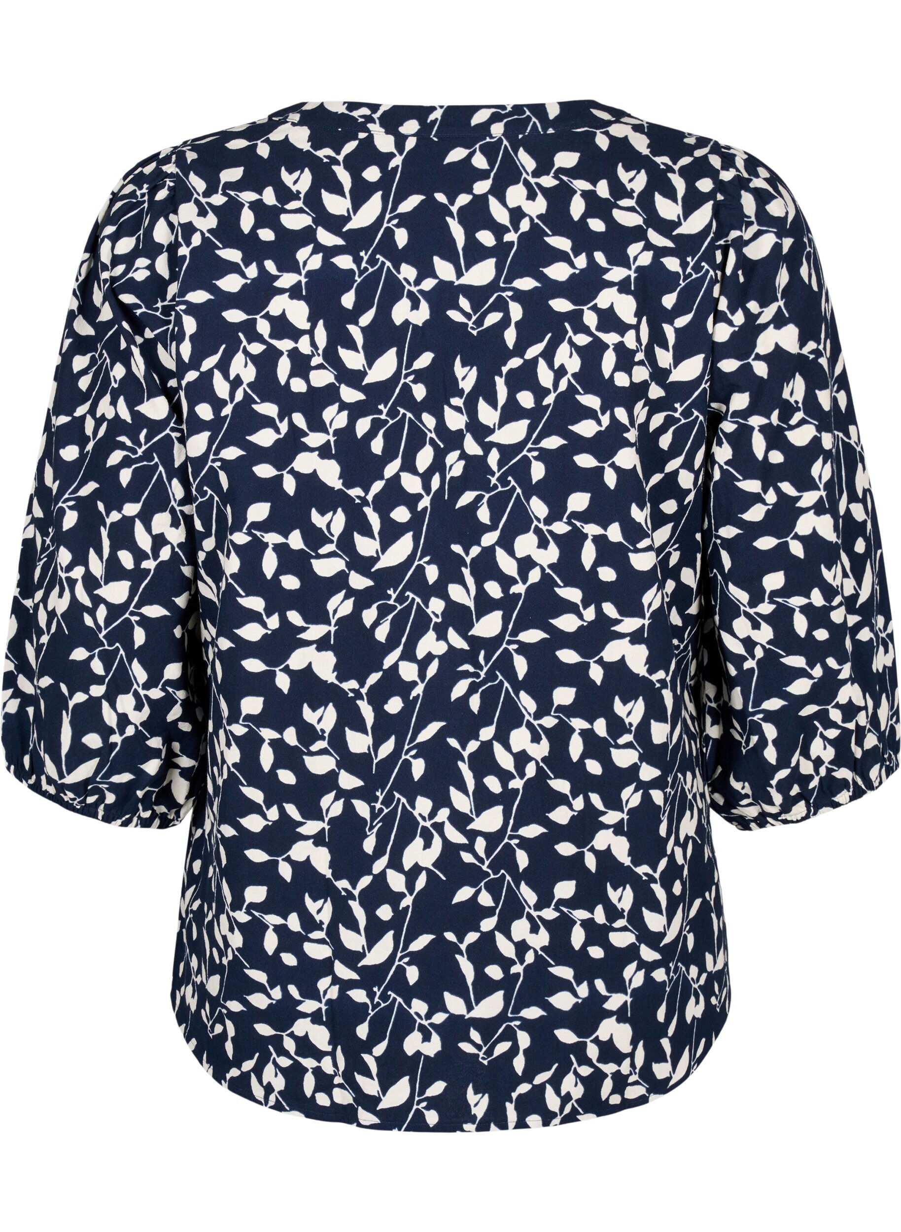 Zizzi 3/4 &aelig;rmet bluse i bomuld med print, Navy Blazer Leaf, Packshot image number 1