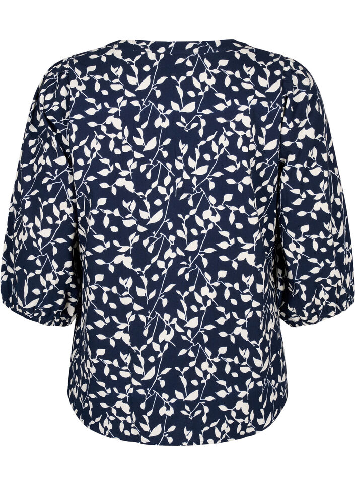 3/4 &aelig;rmet bluse i bomuld med print, Navy Blazer Leaf, Packshot image number 1
