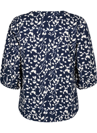 3/4 ærmet bluse i bomuld med print, Navy Blazer Leaf, Packshot image number 1