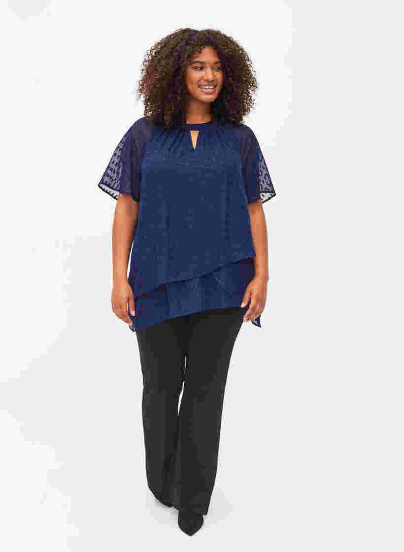 Bluse med 2/4 ærmer i mønstret chiffon, Evening Blue, Model image number 3