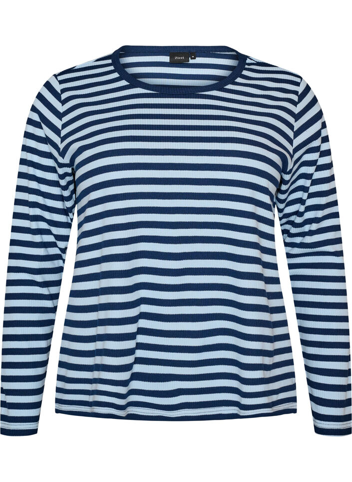 Lang&aelig;rmet natbluse i rib jersey med striber, Bl&aring;, Packshot image number 0