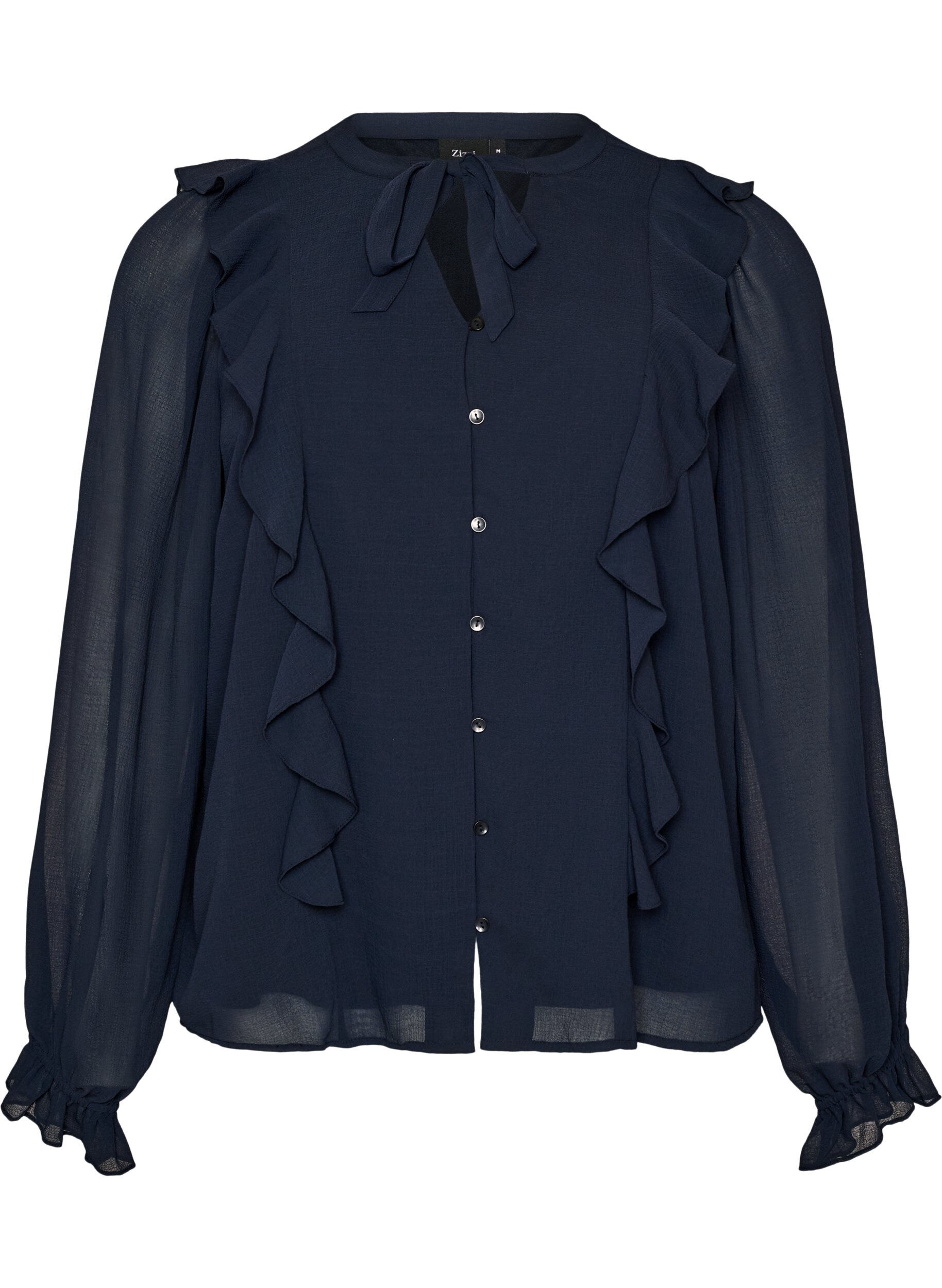 ZizziTransparent bluse med fl&aelig;ser og bindeb&aring;nd, Bl&aring;, Packshot image number 0