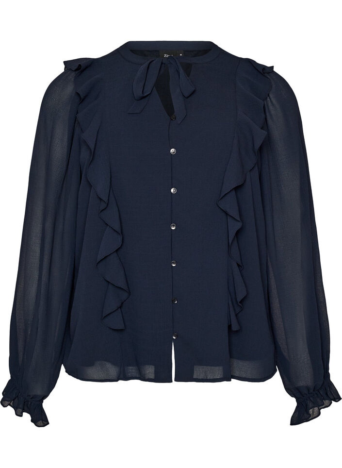 Transparent bluse med fl&aelig;ser og bindeb&aring;nd, Bl&aring;, Packshot image number 0