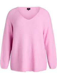 Strikbluse med V-hals og raglanærmer, Lyserød