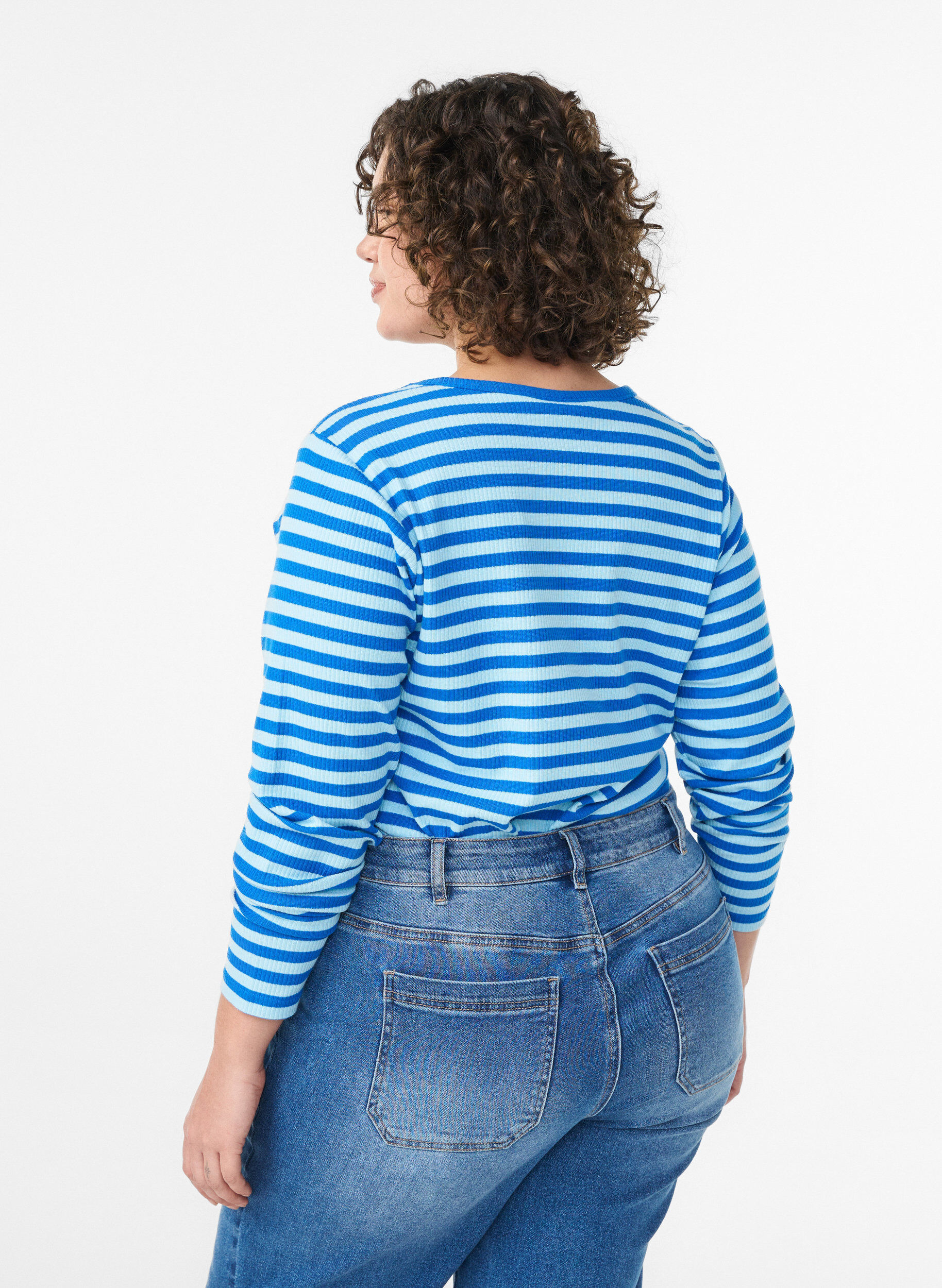 ZizziStribet bluse med lange &aelig;rmer, Bl&aring;, Model image number 2