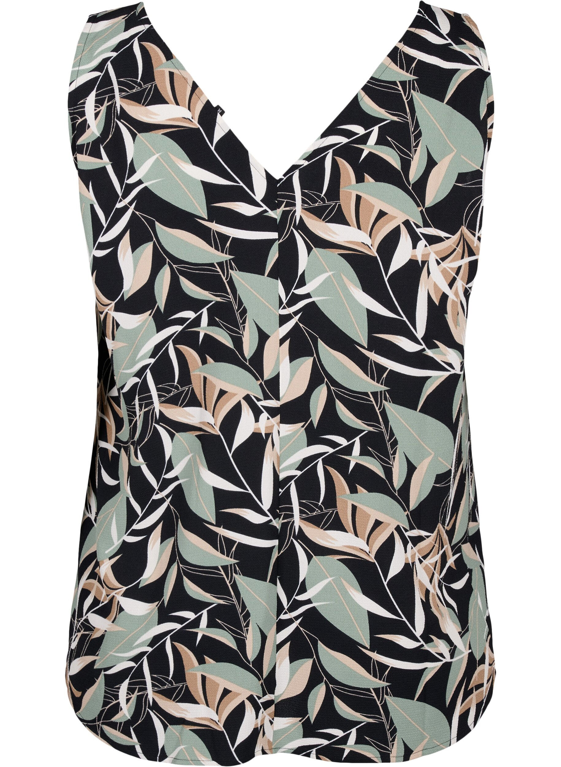 Zizzi Printet top med v-hals , Black w. Gr.Leaf AOP, Packshot image number 1