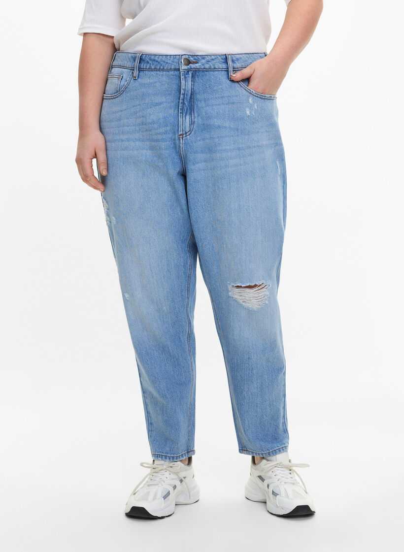 Mille mom fit jeans med sliddetaljer, Light Blue, Model image number 2
