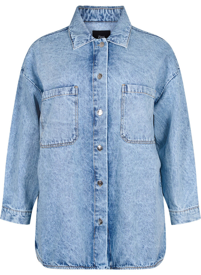 Løstsiddende denimjakke med knapper, Light blue denim, Packshot image number 0