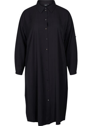 Ensfarvet skjortekjole i viskose med slids, Black, Packshot image number 0