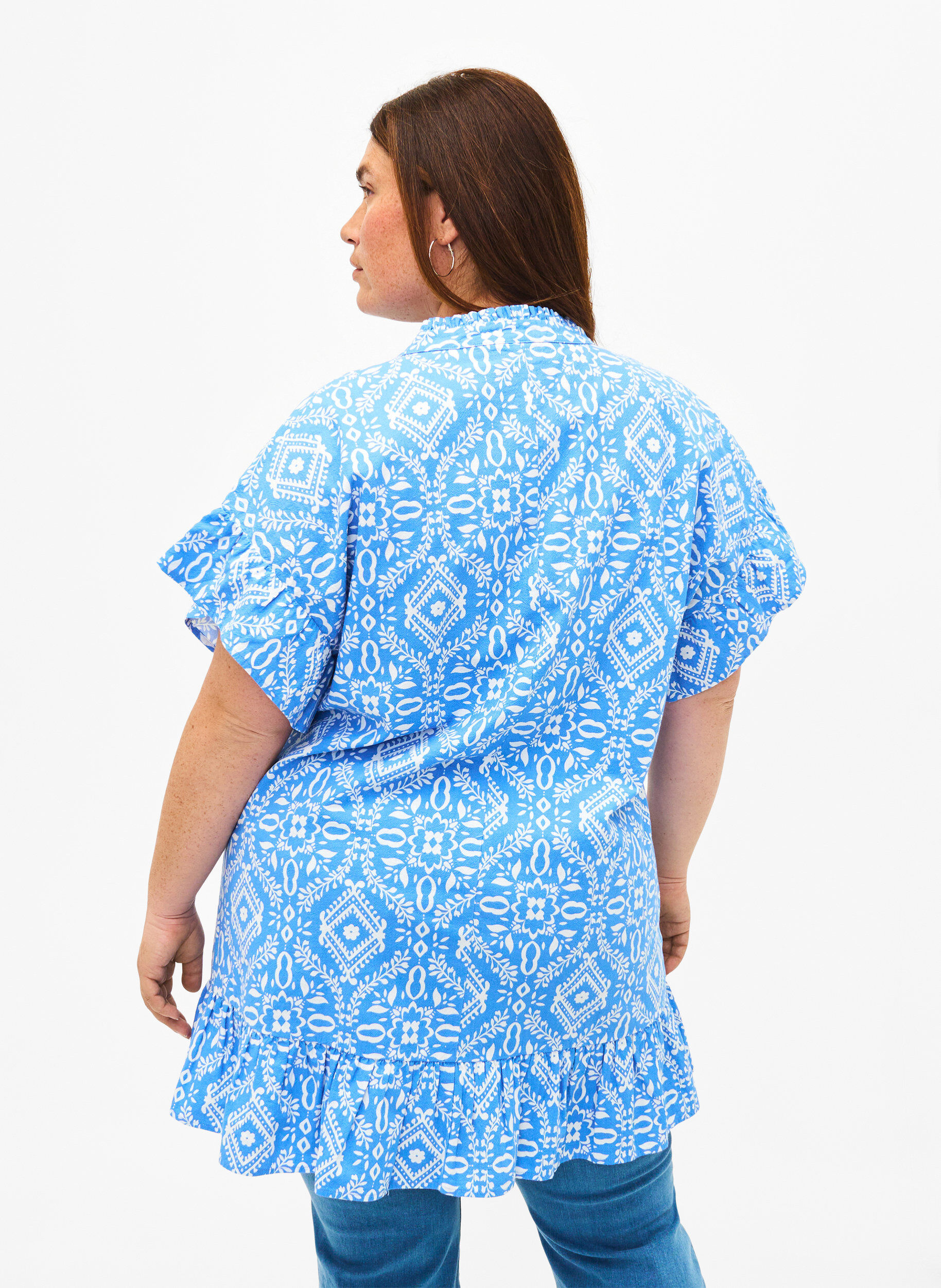 Zizzi Blomstret tunika i bomuld, Marina Flower AOP, Model image number 1