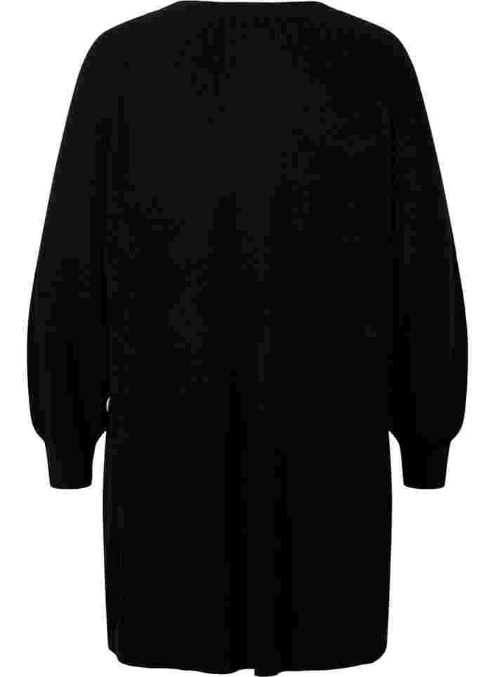 Lang strikket cardigan med ballonærmer, Black, Packshot image number 1