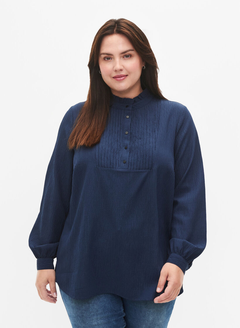 Langærmet bluse med flæsekrave, Dress Blues, Model image number 0