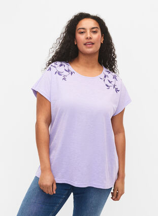 Bomulds t-shirt med blad print, Lavender C Leaf, Model image number 0