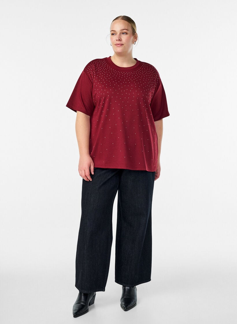 T-shirt med rhinsten og rund hals, M&oslash;rk Bordeaux, Model image number 1