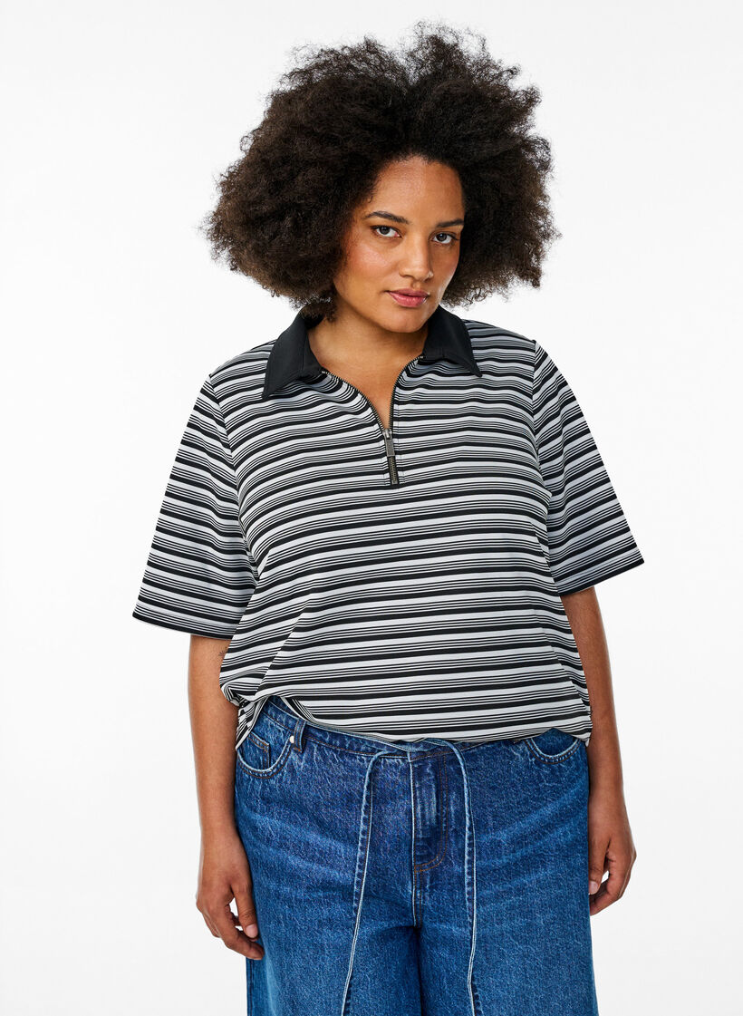 Stribet poloshirt med korte ærmer og lynlås, Sort, Model image number 0