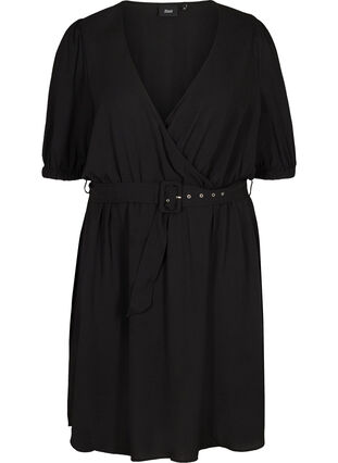 Kortærmet kjole med bælte, Black, Packshot image number 0