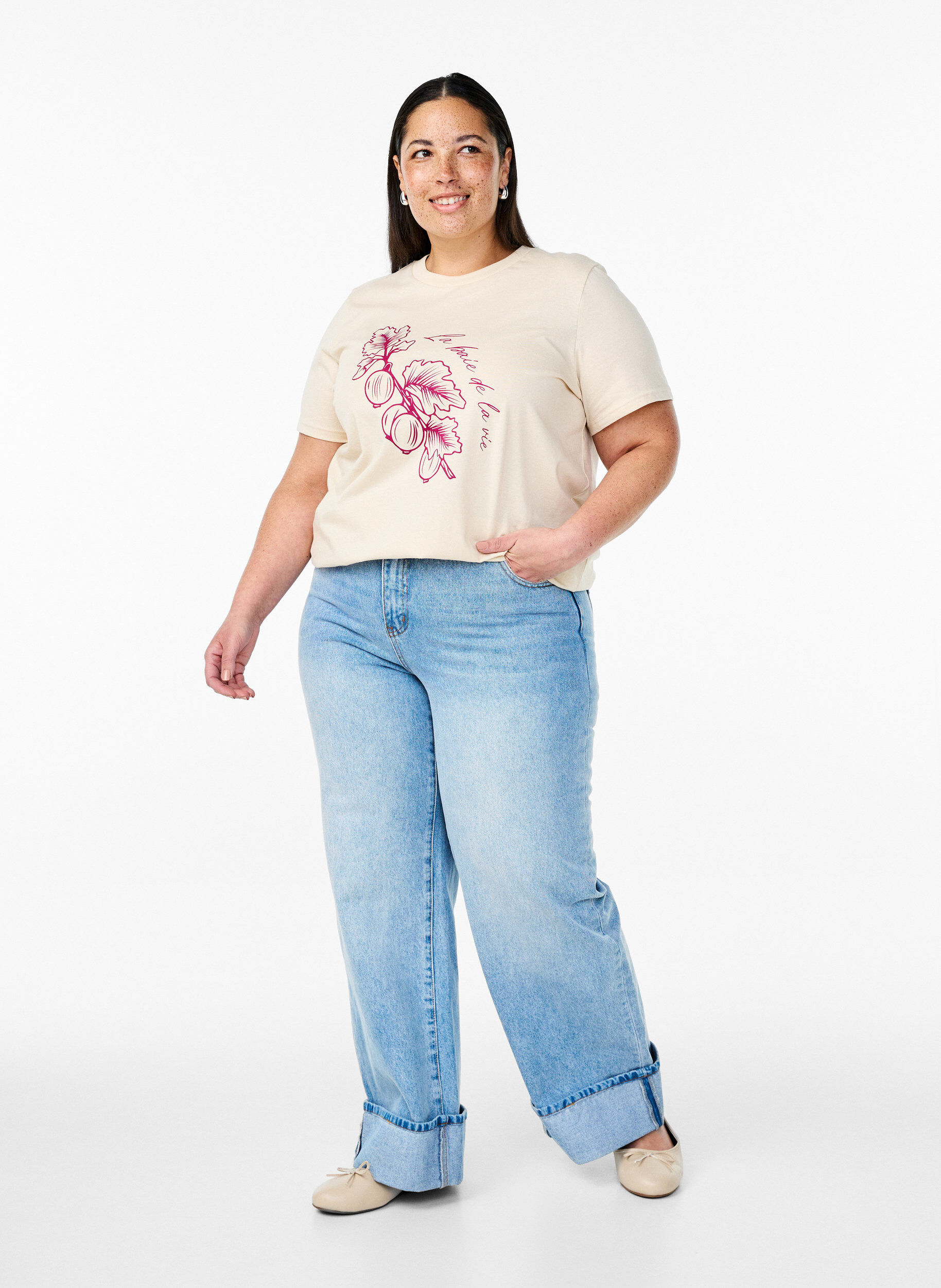 Zizzi T-shirt i bomuld med motiv, Beige, Model image number 1