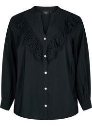Skjortebluse i viskose med flæser, Black, Packshot