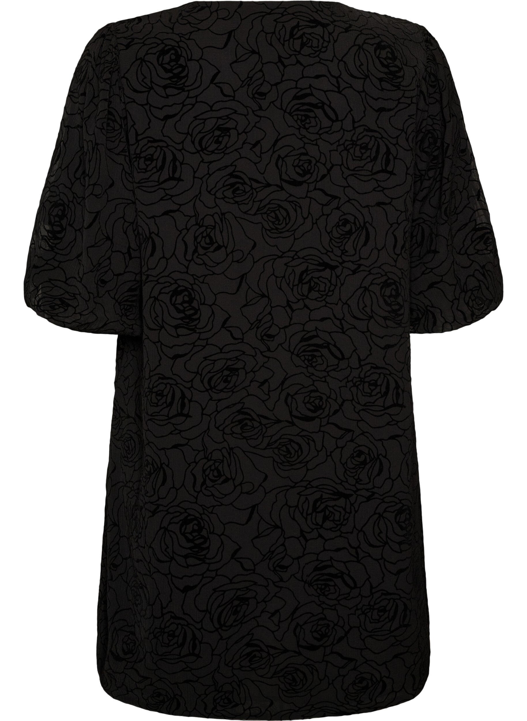 ZizziKort kjole med rosenm&oslash;nster og knapper, Sort, Packshot image number 1