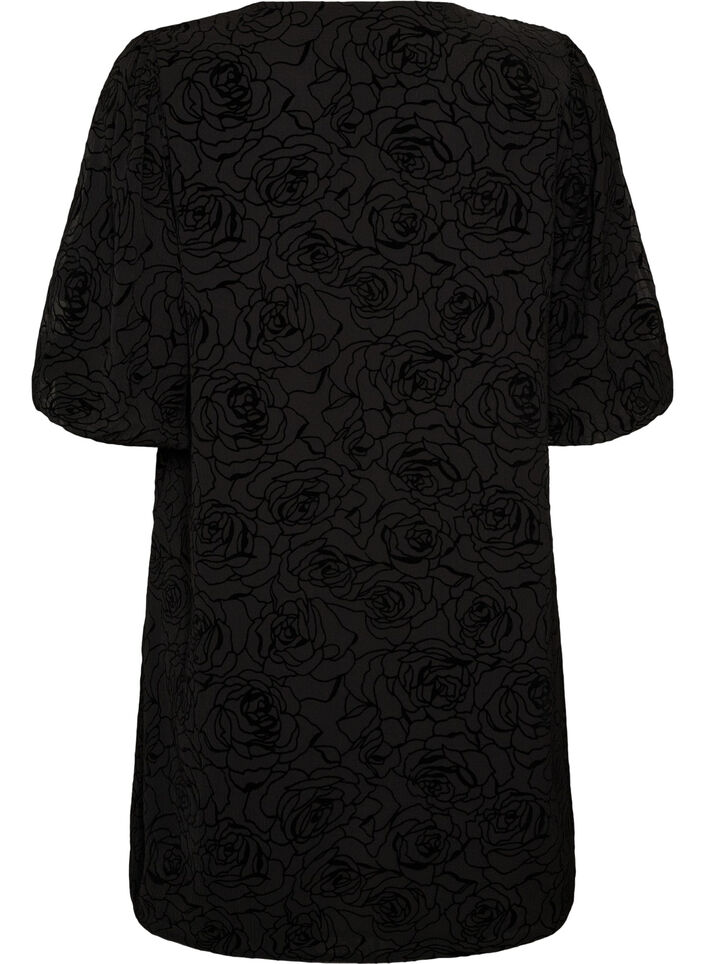 Kort kjole med rosenm&oslash;nster og knapper, Sort, Packshot image number 1