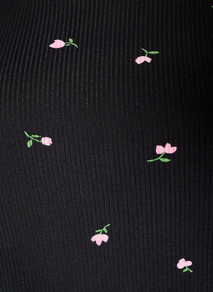 Pyjamastop med blomsterprint og ribstruktur, Sort, Packshot image number 2