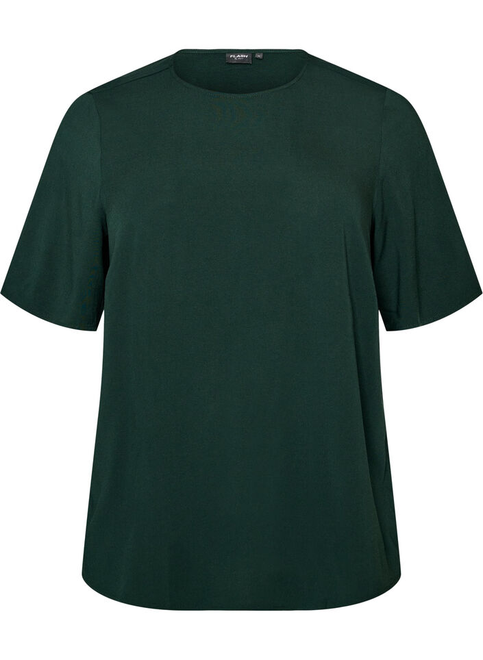 Kort&aelig;rmet v&aelig;vet bluse med rund hals, Gr&oslash;n, Packshot image number 0