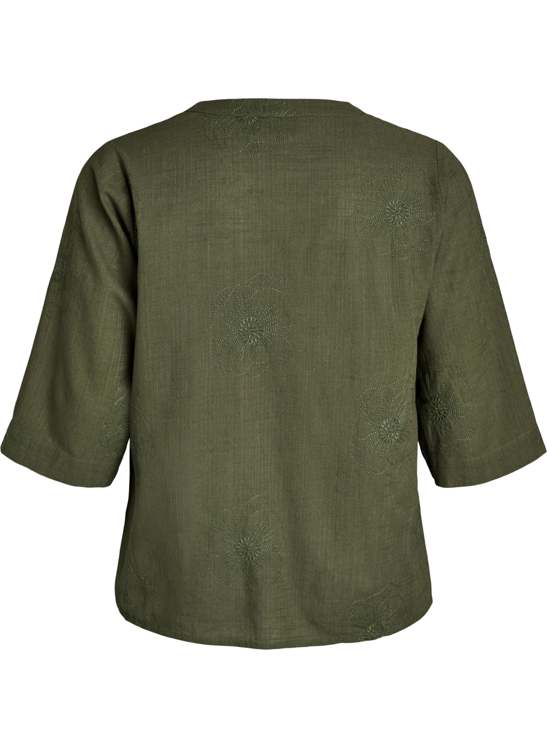 ZizziBluse i bomuld med broderede detaljer og 3/4 &aelig;rmer, Gr&oslash;n, Packshot image number 1