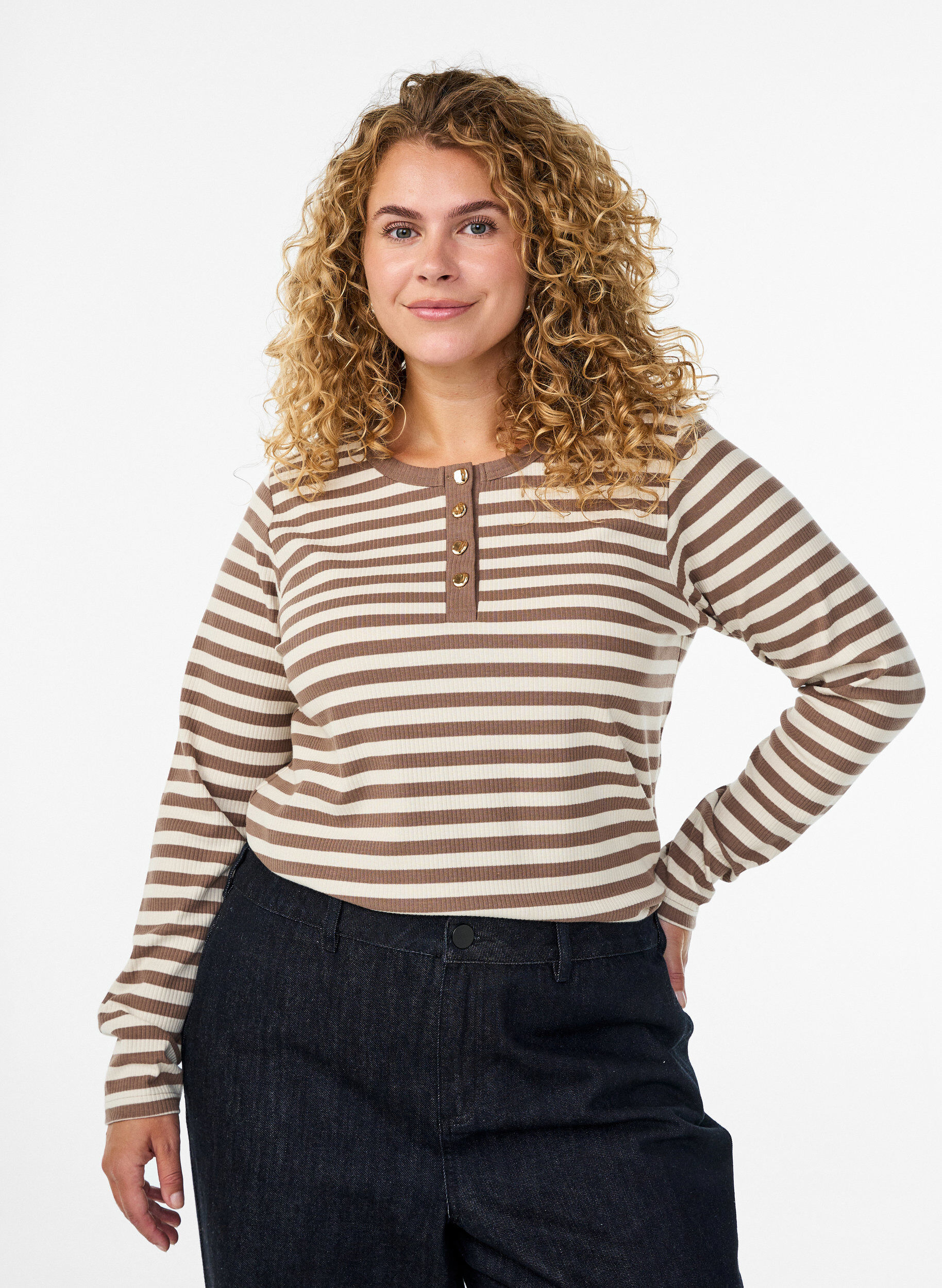 Zizzi Stribet jerseybluse med ribstruktur, Vanilla, Model image number 0