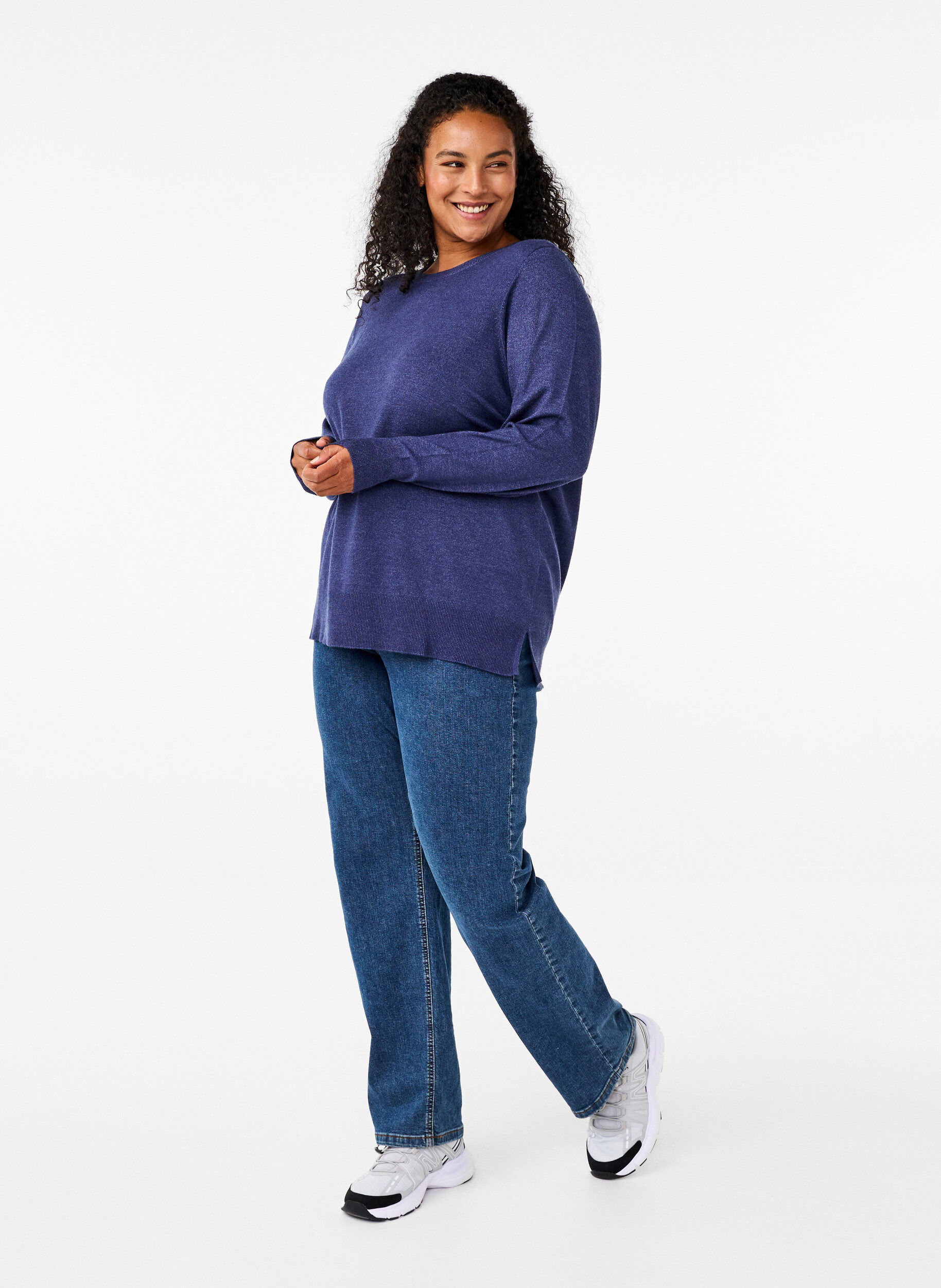 Zizzi Lang&aelig;rmet strikbluse med slids, Bl&aring;, Model image number 1