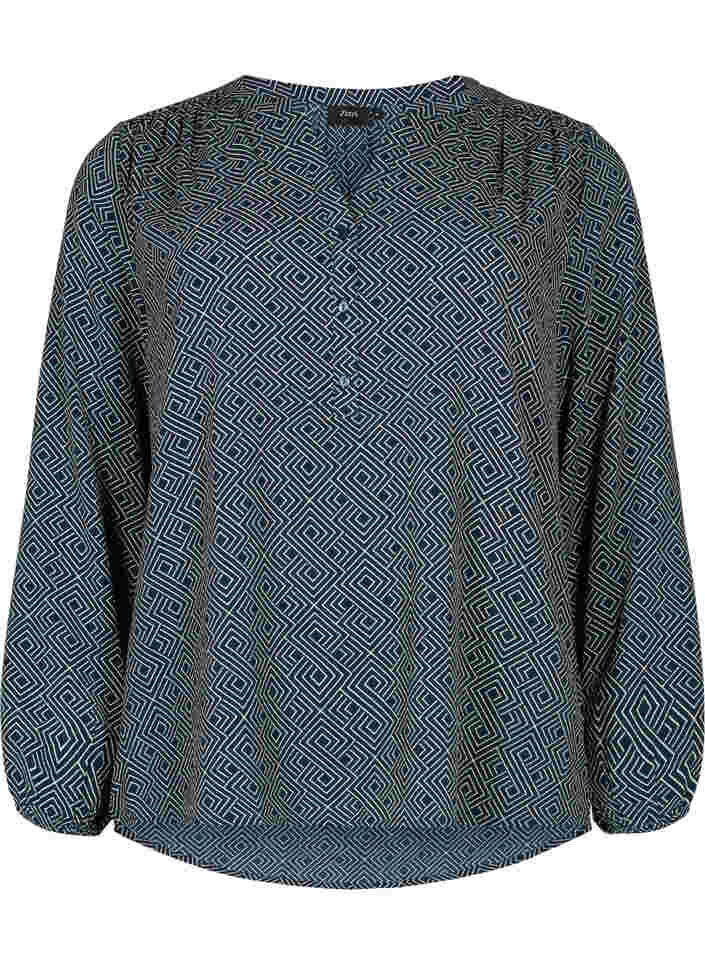 Langærmet bluse med print og v-hals, Blue Graphic, Packshot image number 0