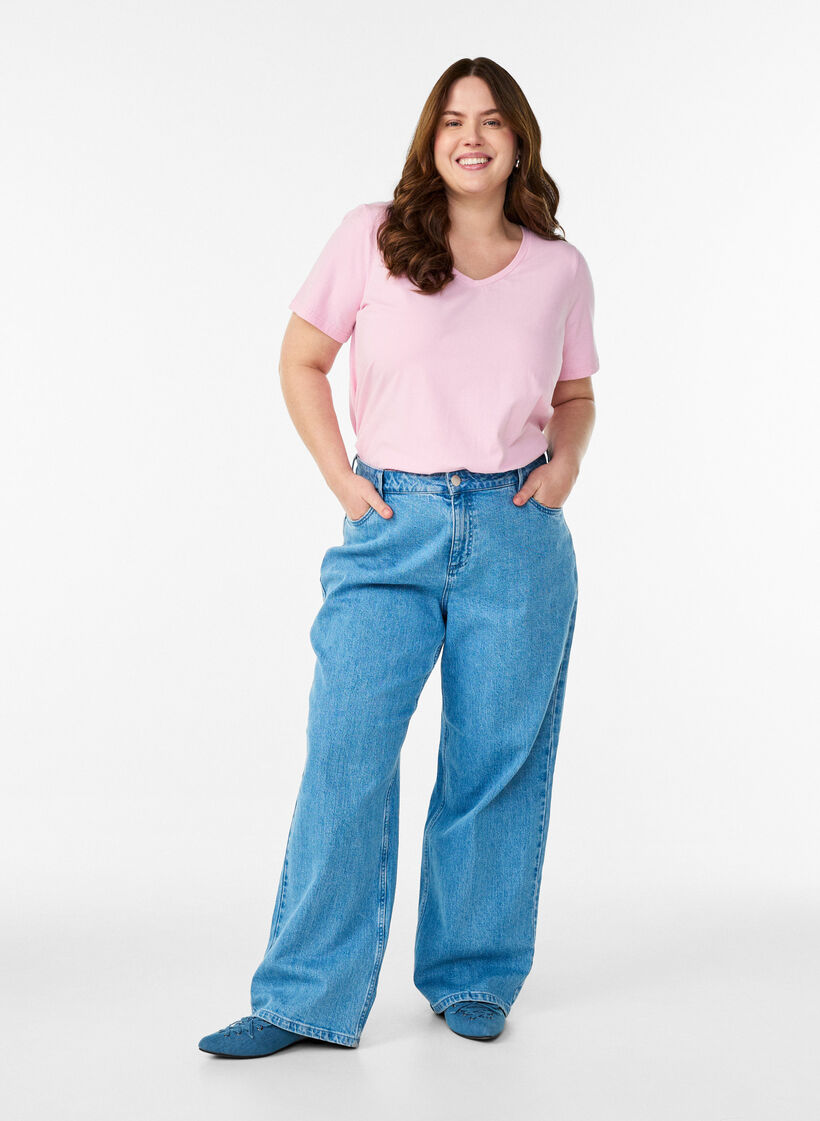 Ensfarvet basis t-shirt i bomuld, Lyser&oslash;d, Model image number 1