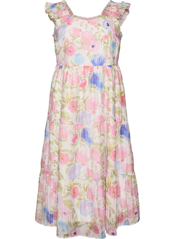 Lang kjole i lyocell med blomsterm&oslash;nster og fl&aelig;ser, Hvid, Packshot image number 0