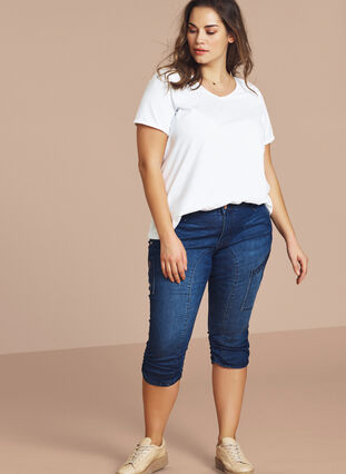 Slim fit capri jeans med lommer, Dark blue denim, Model image number 1