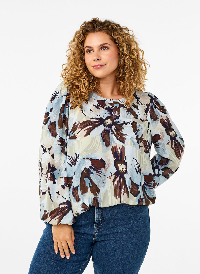 Langærmet bluse med print og knap, Grey Flower AOP, Model image number 0