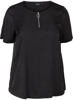 Kortærmet bluse med lynlåsdetalje, Black, Packshot image number 0