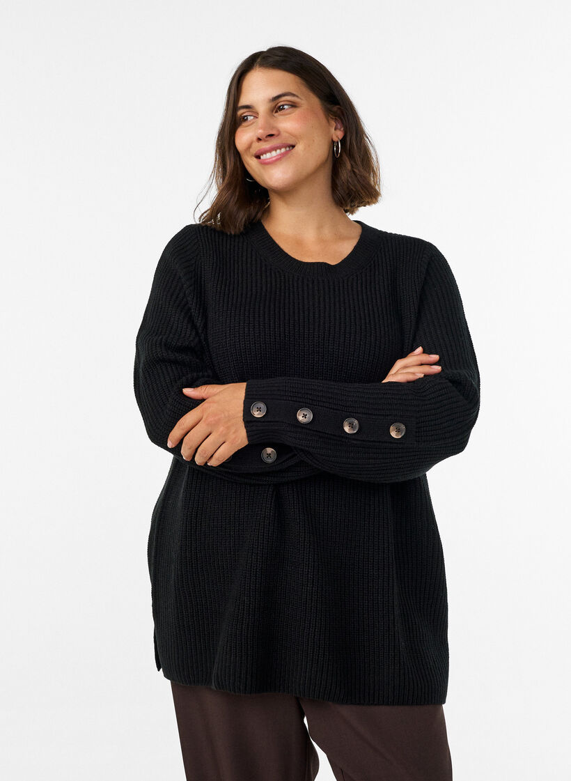 Strikbluse med ribstruktur og knapdetaljer, Sort, Model image number 0