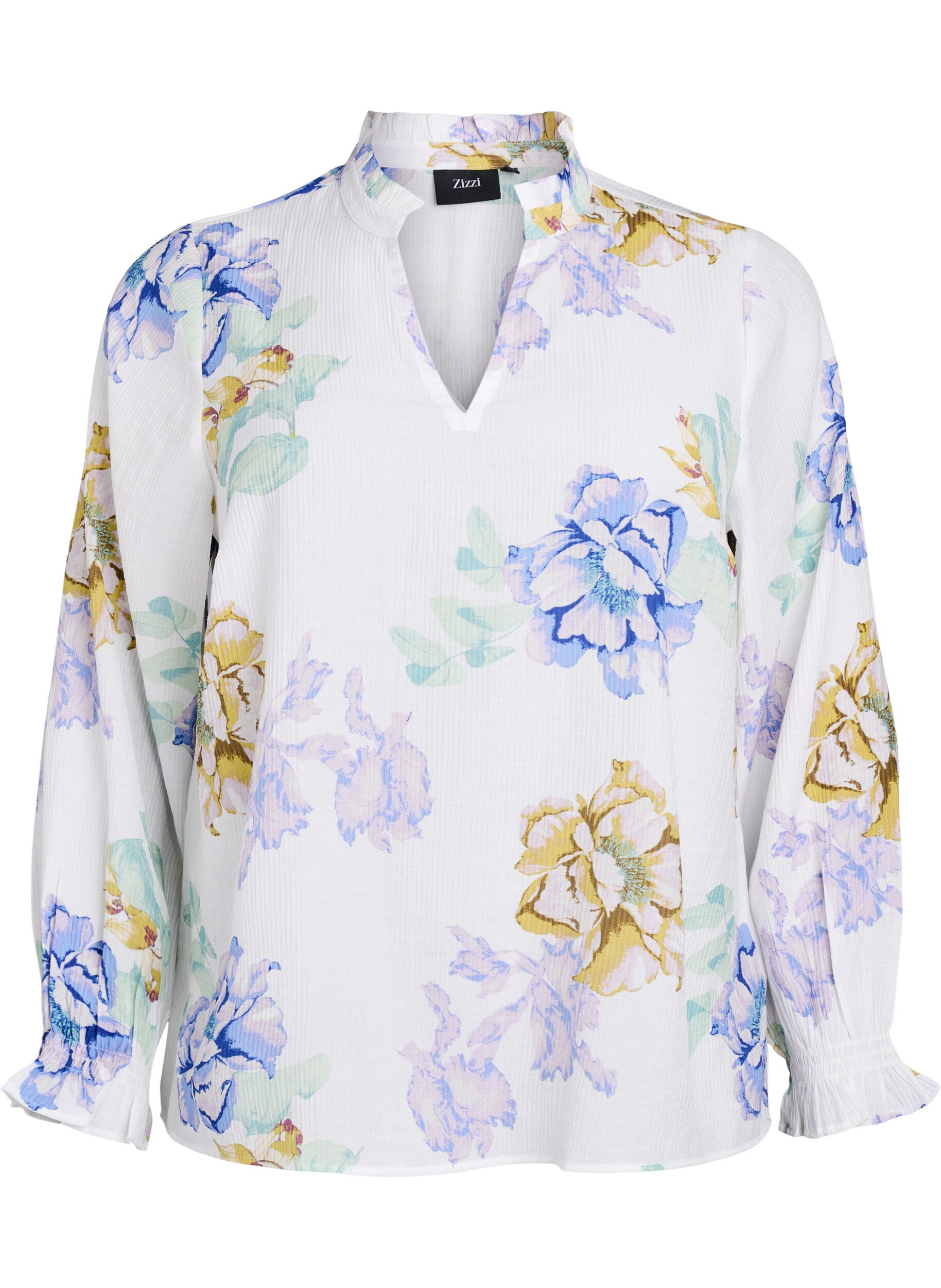 Plisseret bluse med lange &aelig;rmer og blomsterprint