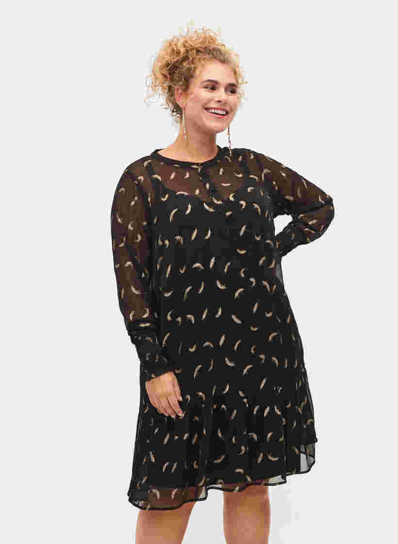Kjole med a-shape og smock, Black, Model image number 0