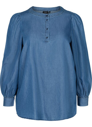 Bluse med lange pufærmer og knapper, Blue denim, Packshot image number 0