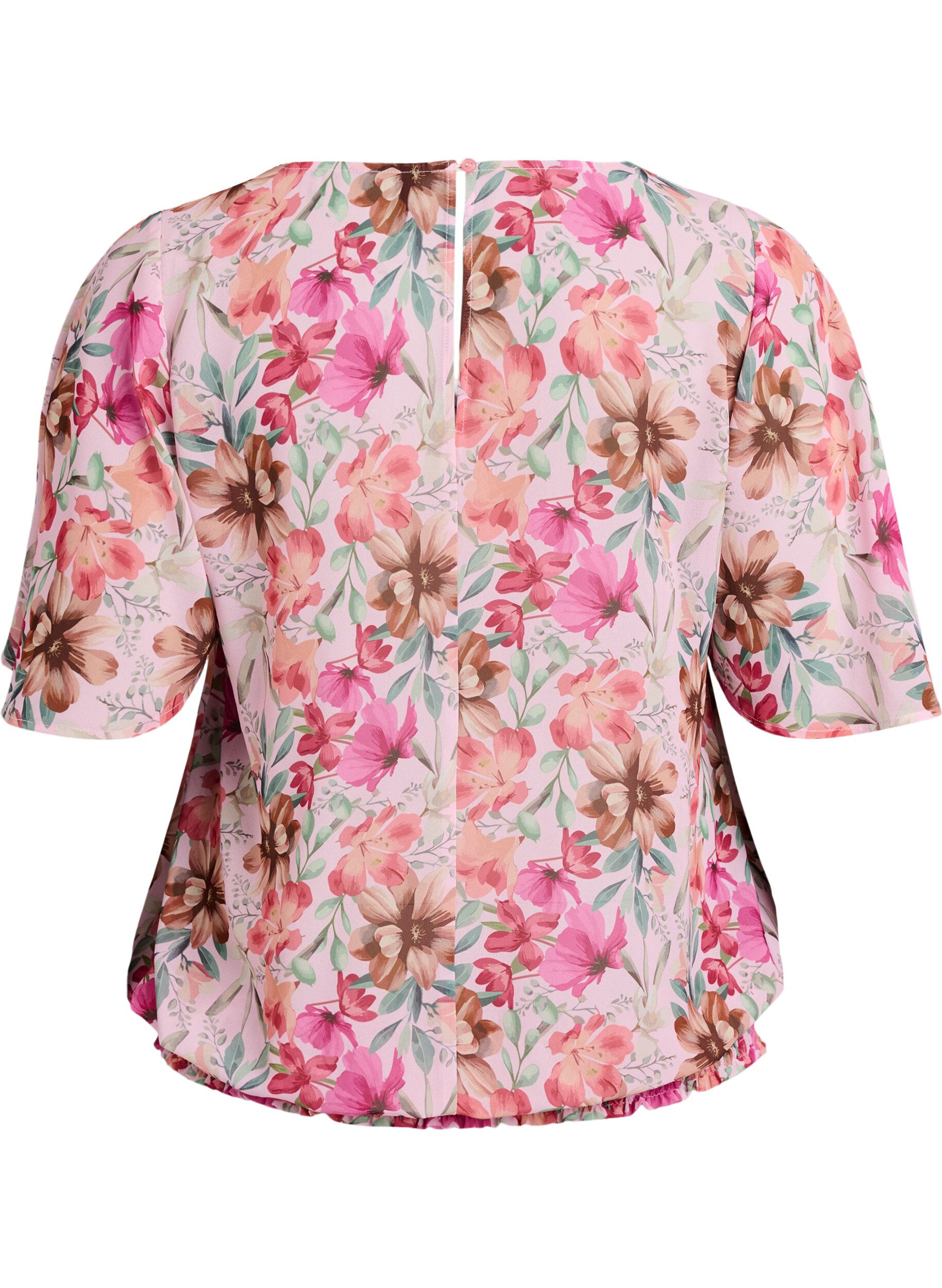 Zizzi Blomstret bluse med korte &aelig;rmer og smock, Lyser&oslash;d, Packshot image number 1