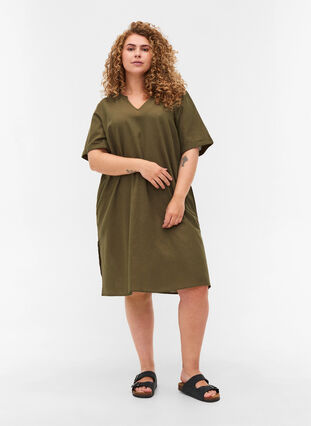 Kortærmet kjole i bomuldsmix med hør, Ivy Green, Model image number 2