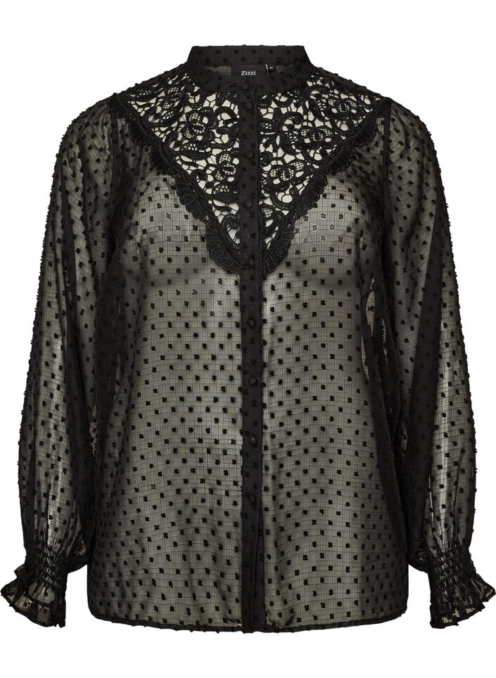 Skjortebluse med blondeindsats og dot-m&oslash;nster, Sort, Packshot image number 0